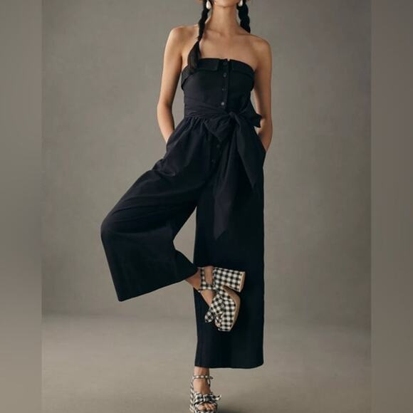 Anthropologie Maeve Strapless Wide Leg Women Jumpsuit Size 4 Black Boho Smocking - Picture 1 of 14